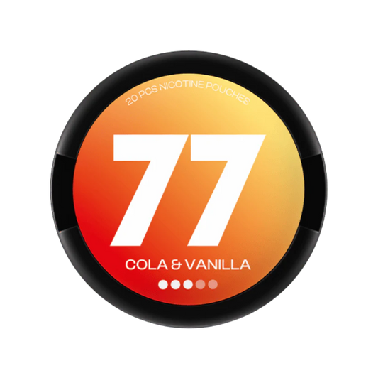 Nikotinové sáčky 77 Cola & Vanilla s kombinací coly a vanilky. Každý sáček obsahuje 10,4 mg nikotinu a balení obsahuje 20 sáčků.