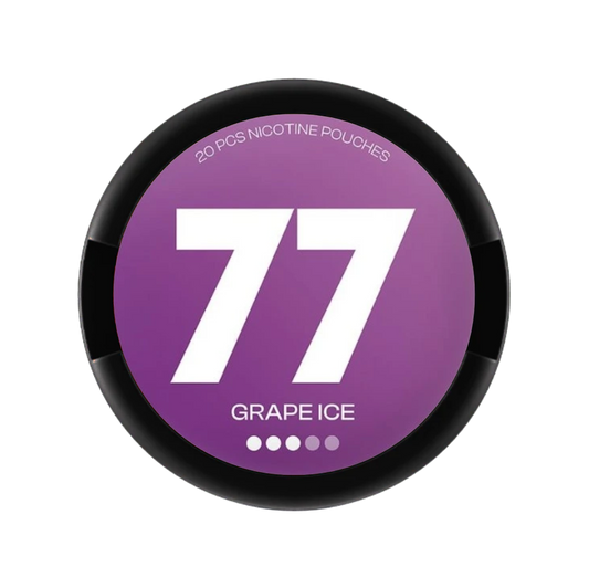 Nikotinové sáčky 77 Grape Ice s hroznovou chutí a mentolovým efektem. Každý sáček obsahuje 10,4 mg nikotinu, balení obsahuje 20 sáčků
