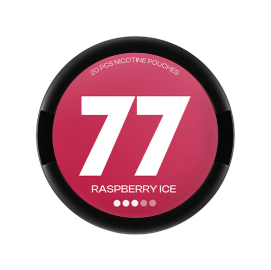 Nikotinové sáčky 77 Raspberry Ice chuť malin s mentolovým efektem. sáček obsahuje 10,4 mg nikotinu a balení obsahuje 20 sáčků