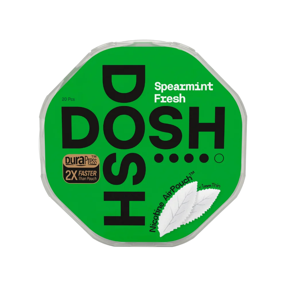 DOSH Spearmint Fresh 7,5 mg nikotinové sáčky – jemná chuť máty s mentolovým nádechem pro svěží a osvěžující zážitek. 20 sáčků v balení s mírným nikotinovým efektem.