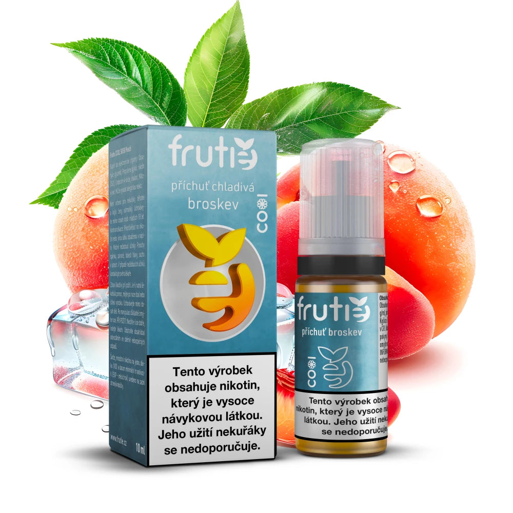 Frutie Cool 50/50 Peach – ovocná náplň s chutí zralých broskví a ledovým efektem, objem 10 ml, nikotin 18 mg/ml