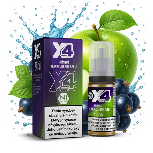 E-liquid X4 Bar Juice Blackcurrant Apple 10 ml s příchutí černého rybízu a zeleného jablka, nikotinová sůl 10 mg/ml