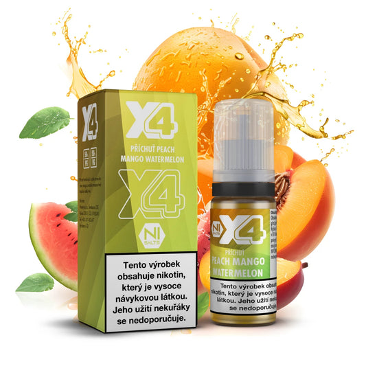 E-liquid X4 Bar Juice Peach Mango Watermelon 10 ml s příchutí broskve, manga a vodního melounu, nikotinová sůl 10 mg/ml