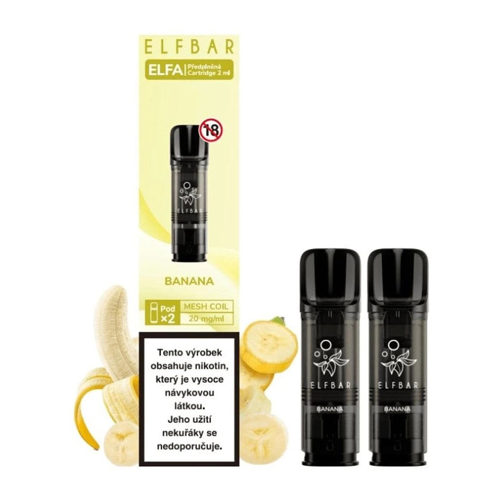 Elf Bar ELFA Pod Banana – předplněný 2ml pod pro elektronickou cigaretu určenou pro vaping, sladká banánová příchuť, 20 mg nikotinová sůl, kompatibilní ELFA pod systém