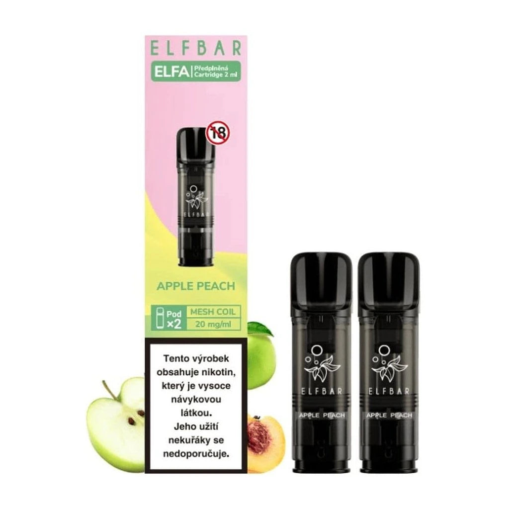 Elf Bar ELFA Pod Apple Peach – 2ml předplněný pod pro elektronickou cigaretu na vaping, sladká kombinace jablka a broskve, 20 mg nikotinová sůl, ELFA systém s vyměnitelnými pody