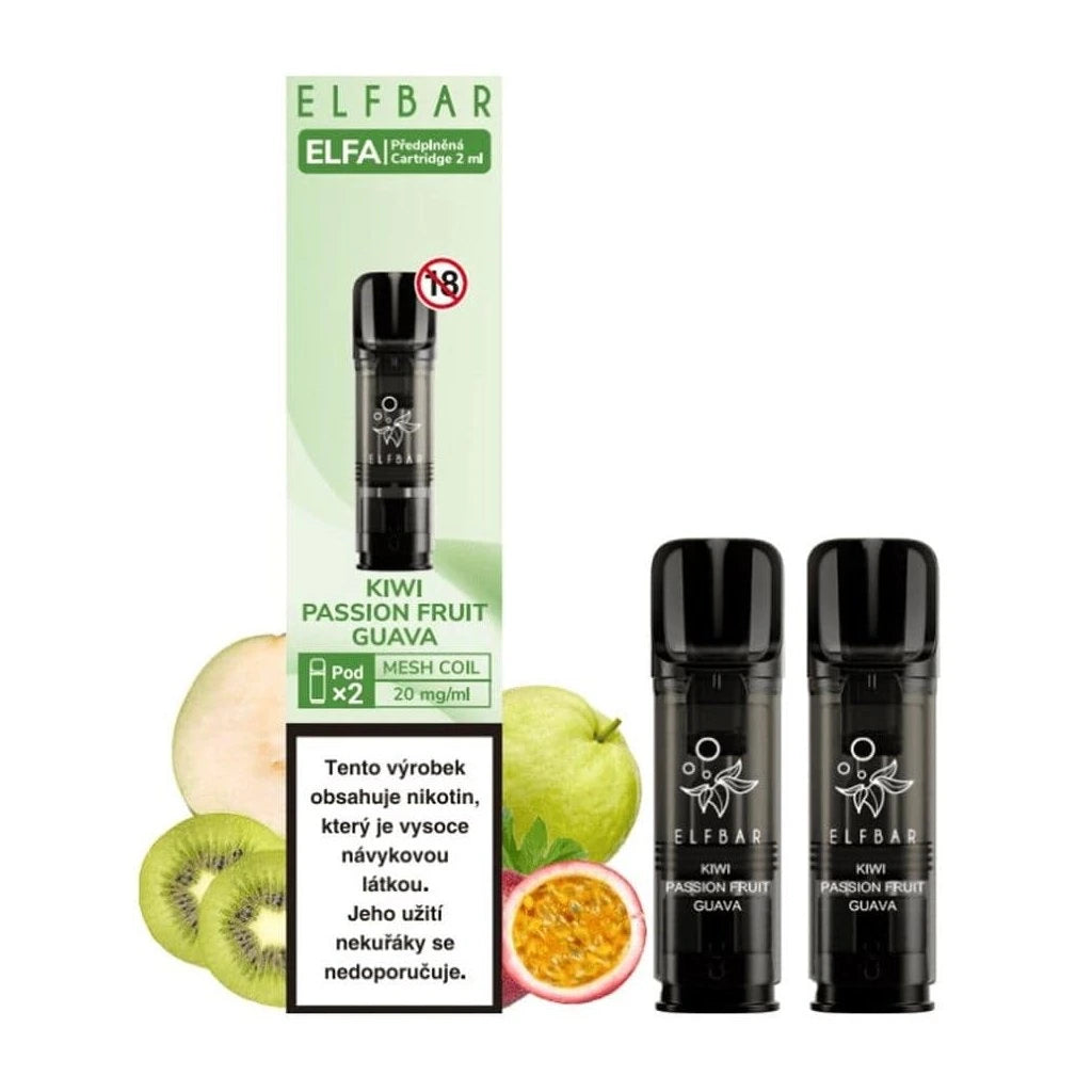 Elf Bar ELFA Pod Kiwi Passion Fruit Guava – 2ml předplněný pod pro elektronickou cigaretu na vaping, tropická kombinace kiwi, marakuji a guavy, 20 mg nikotinová sůl, ELFA systém