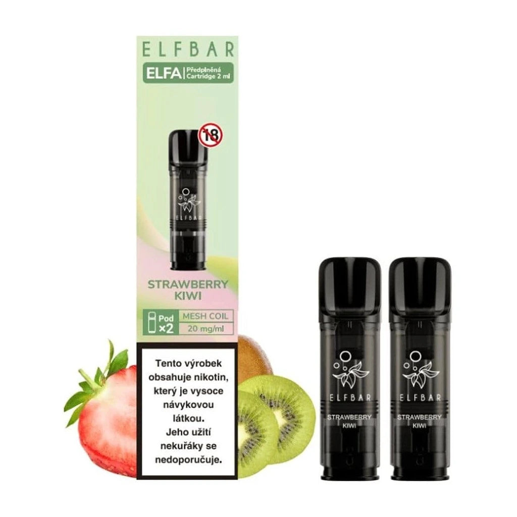 Elf Bar ELFA Pod Strawberry Kiwi – předplněný 2ml pod pro elektronickou cigaretu určenou pro vaping, kombinace jahody a kiwi s vyváženou sladkokyselou chutí, 20 mg nikotinová sůl, ELFA systém