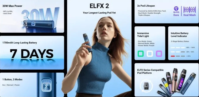 ELFBAR ELFX 2 POD systém 1700mAh plnitelná elektronická cigareta - benefity 7 days lasting battery, 30W, 1 button with 3 modes etc