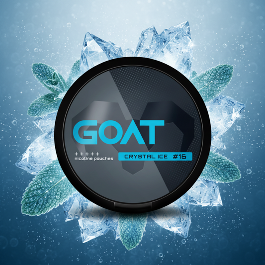 Nikotinové sáčky GOAT Crystal Ice 16,4 mg/g (11,49 mg/sáček) – intenzivní mentolová chuť s ledově čistým a lehce nahořklým dozvukem, maximální osvěžení pro zkušené uživatele, vyrobeno v ČR