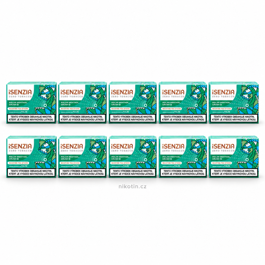 Karton iSENZIA Polar Menthol Crush – 10 krabiček, celkem 200 nikotinových čajových náplní s osvěžující mentolovou příchutí pro Pulze