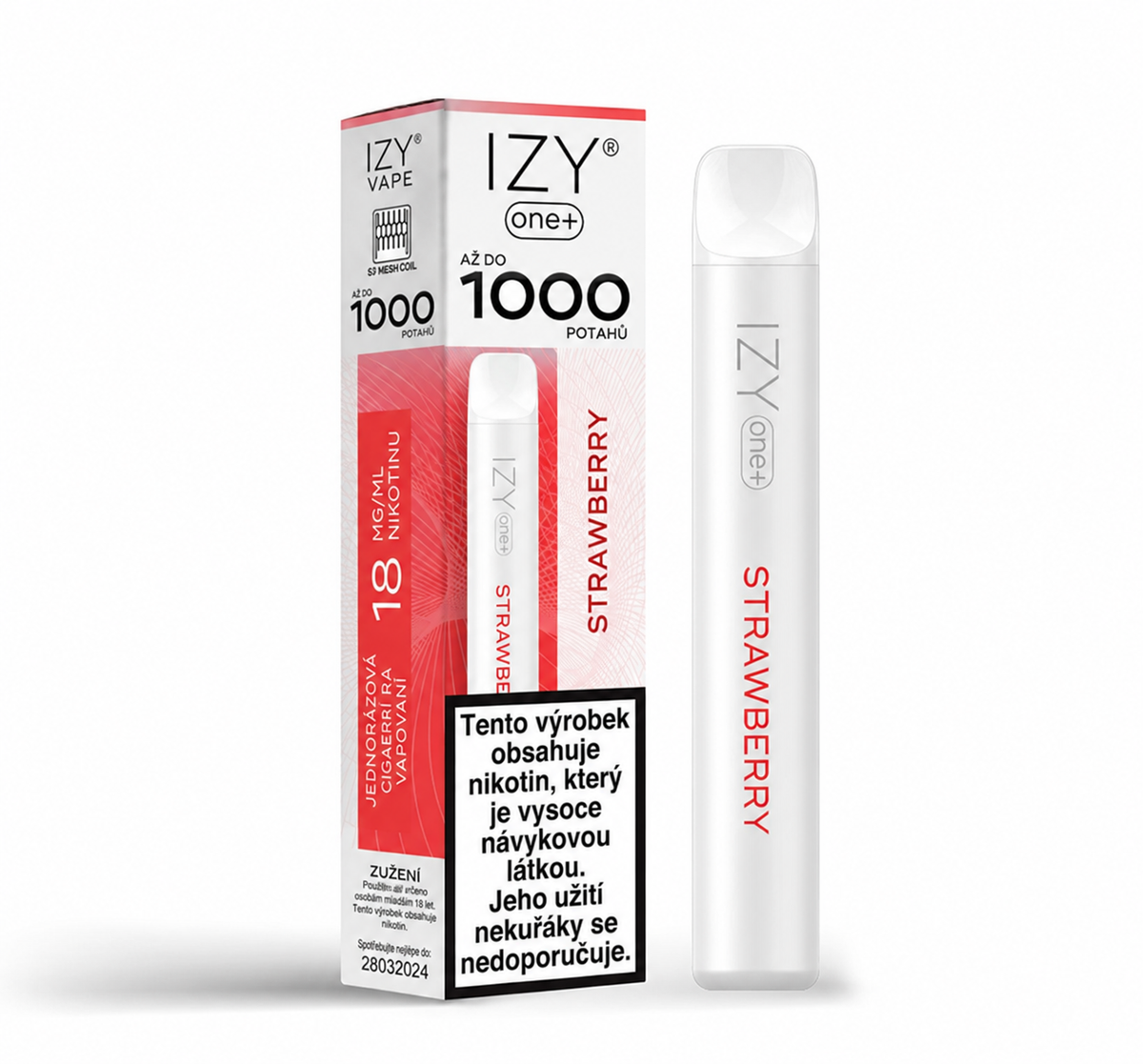 Jahodová jednorázová e-cigareta IZY VAPE ONE+ Strawberry 18 mg bez ICE efektu s výdrží až 1000 potahů