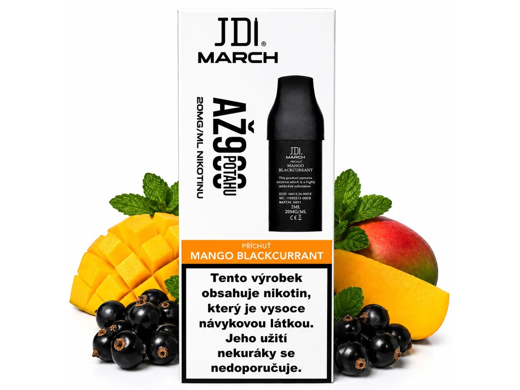 Náhradní cartridge JDI Mango Blackcurrant s 2ml náplní, nikotinovou solí 20 mg/ml a výdrží až 900 potahů
