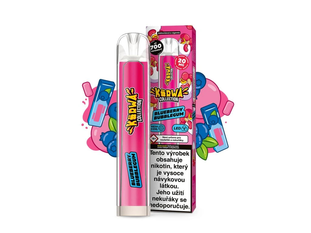 Kurwa Collection Blueberry Bubblegum – jednorázová elektronická cigareta s chutí borůvky a ovocné žvýkačky, Až 700 potahů