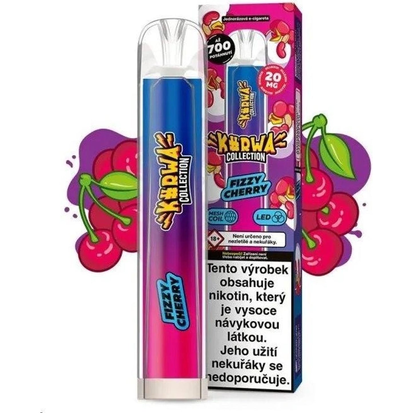 Jednorázová elektronická cigareta KURWA Collection Fizzy Cherry s chutí šťavnaté třešně a jemně perlivým efektem, sladká ovocná chuť s lehce osvěžujícím charakterem, výdrž až 700 potahů
