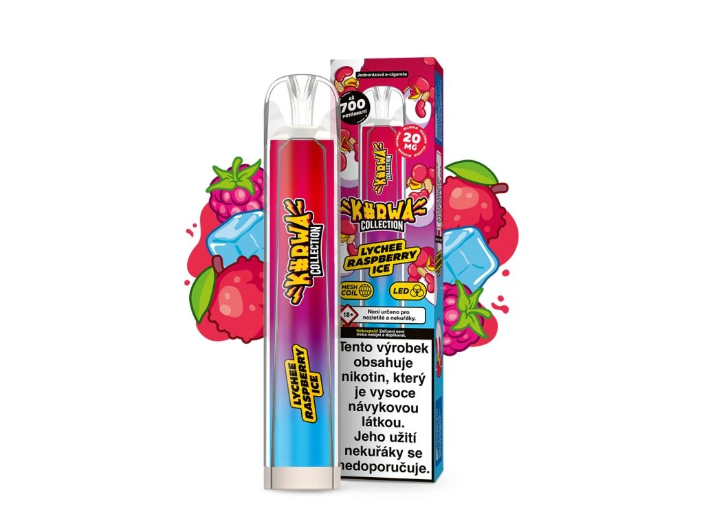Kurwa Collection Lychee Raspberry Ice – jednorázová elektronická cigareta s chutí liči a malin, Až 700 potahů