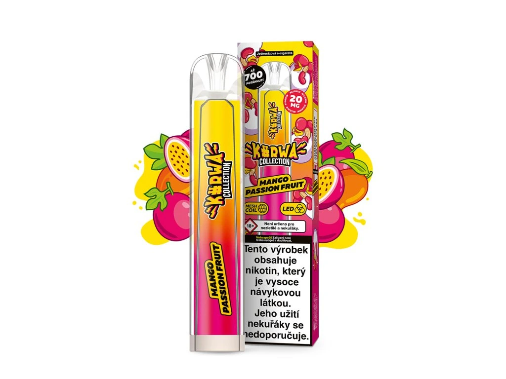 Kurwa Collection Mango Passion Fruit – jednorázová elektronická cigareta s chutí manga a marakuje, Až 700 potahů