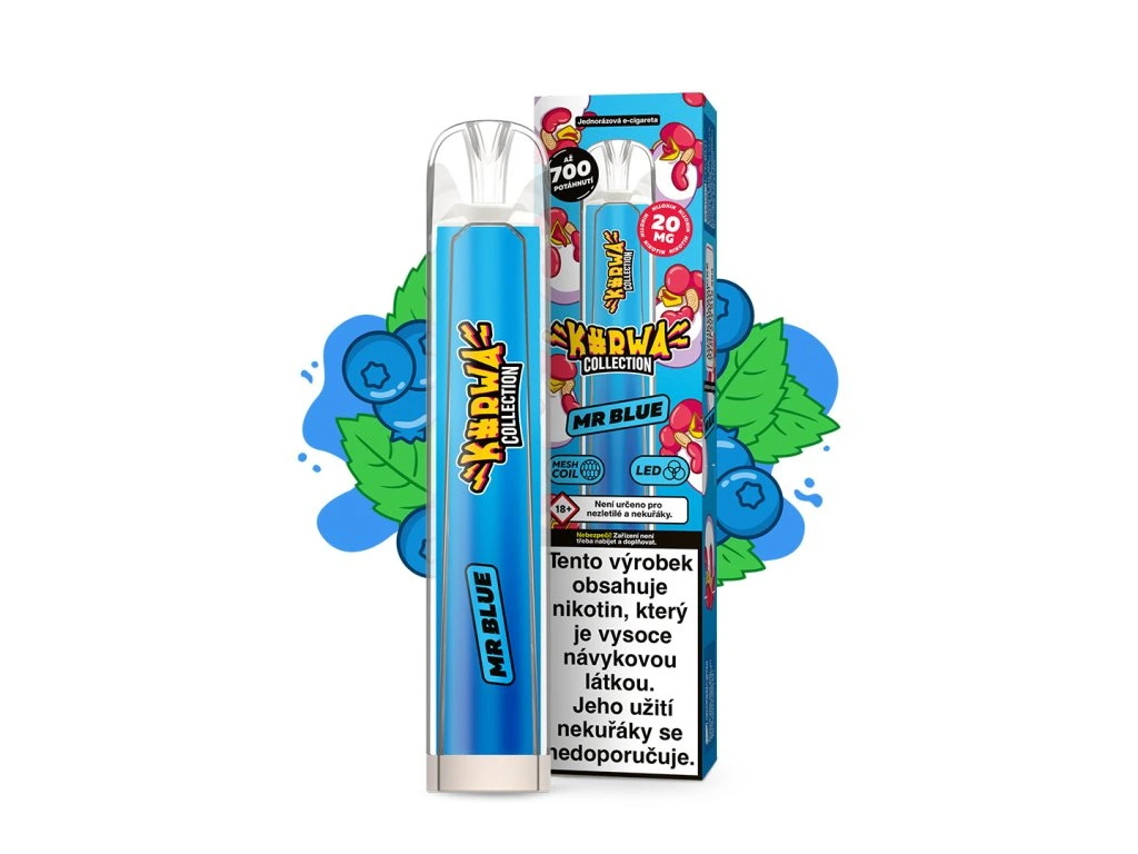 Kurwa Collection Mr Blue – jednorázová elektronická cigareta s chutí borůvky a mentolu. Až 700 potahů pro svěží a vyvážený ovocný zážitek s chladivým závěrem.