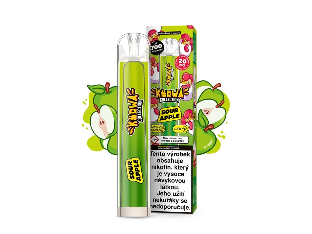 Kurwa Collection Sour Apple – jednorázová elektronická cigareta s chutí jablka, Až 700 potahů