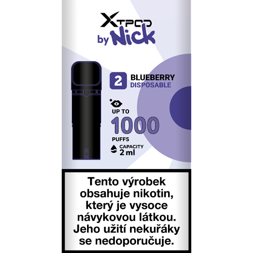 Průhledná cartridge NICK X TPOD Blueberry s 2 ml e-liquidu a nikotinovou solí 20 mg/ml