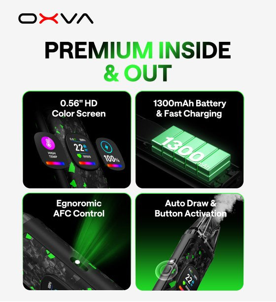 oxva xlim pro 2 DNA, plnitelná ecigareta, technické benefity, auto draw and button activation. slogan Premium inside and out