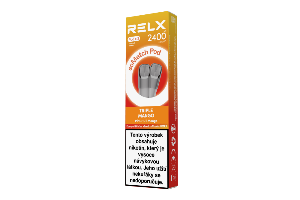 Dva předplněné PODy RELX soMatch Triple Mango po 2 ml s nikotinem 18 mg/ml
