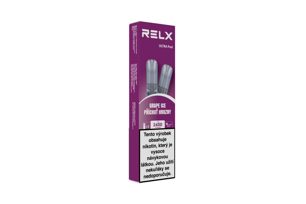 Balení RELX Ultra Pod Grape Ice 18 mg se dvěma předplněnými PODy s hroznovou příchutí