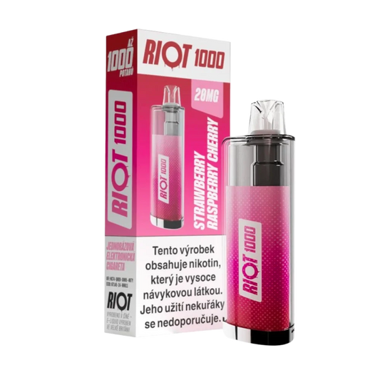 Jednorázová elektronická cigareta RIOT 1000 Strawberry Raspberry Cherry – jahoda, malina a třešeň, Až 1000 potahů