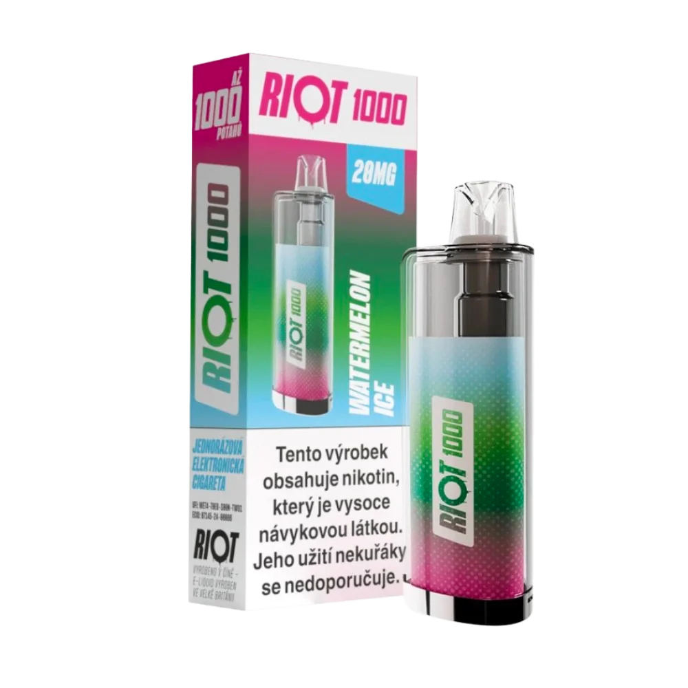 Jednorázová elektronická cigareta RIOT 1000 Watermelon Ice – šťavnatý meloun s chladivým ice efektem. Až 1000 potahů pro svěží a osvěžující zážitek.