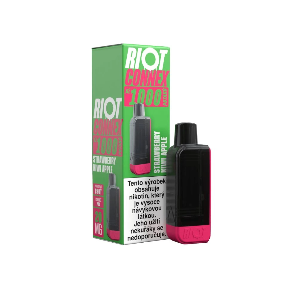 Riot Connex 1000 Strawberry Kiwi Apple – předplněná POD kapsle elektronické cigarety s kombinací sladké jahody, tropického kiwi a jemného jablka, kompatibilní s Riot Connex 1000, hladký a osvěžující ovocný vaping