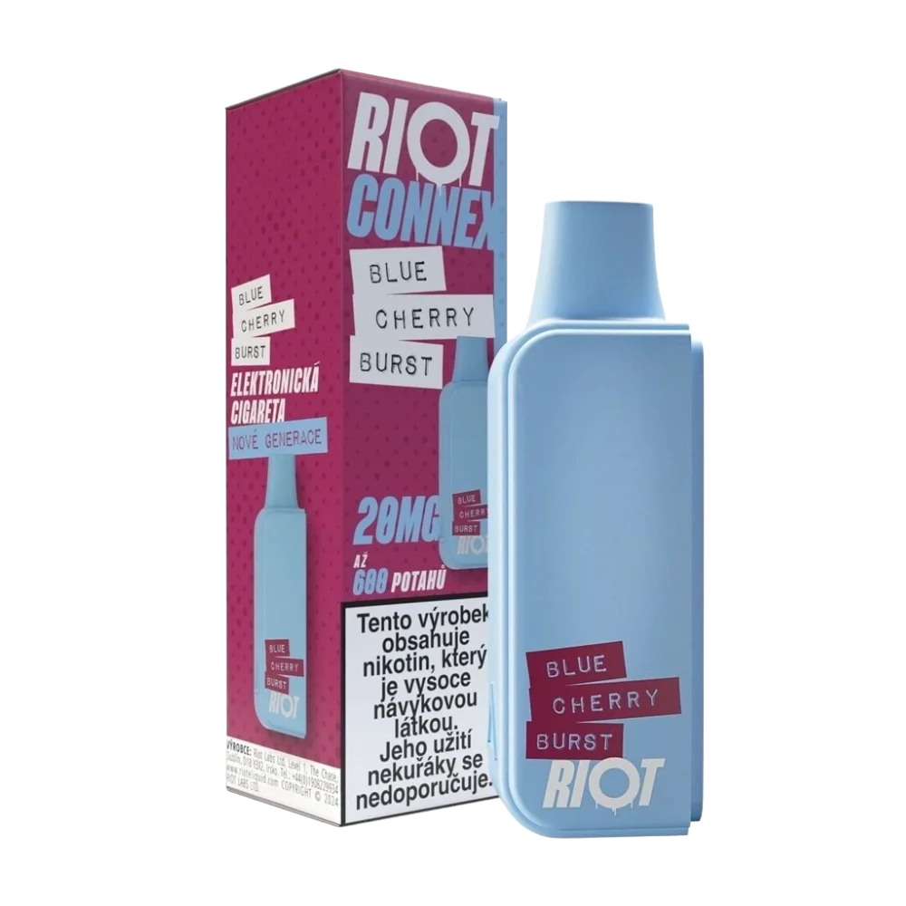 Elektronická cigareta RIOT Connex Blue Cherry Burst POD 10 mg nikotinu na ml – borůvky a třešně, Až 600 potahů pro systém RIOT Connex