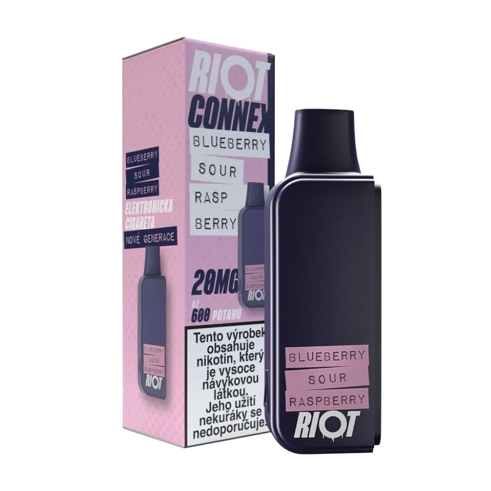 Elektronická cigareta RIOT Connex Blueberry Sour Raspberry POD 10 mg nikotinu na ml – borůvky a maliny, Až 600 potahů pro systém RIOT Connex