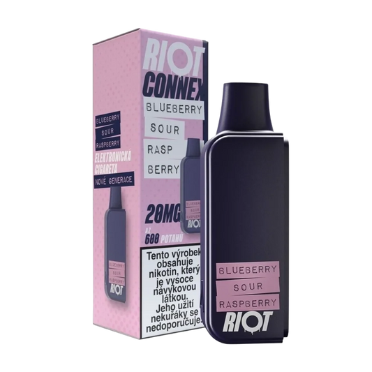 Elektronická cigareta RIOT Connex Blueberry Sour Raspberry POD 10 mg nikotinu na ml – borůvky a maliny, Až 600 potahů pro systém RIOT Connex