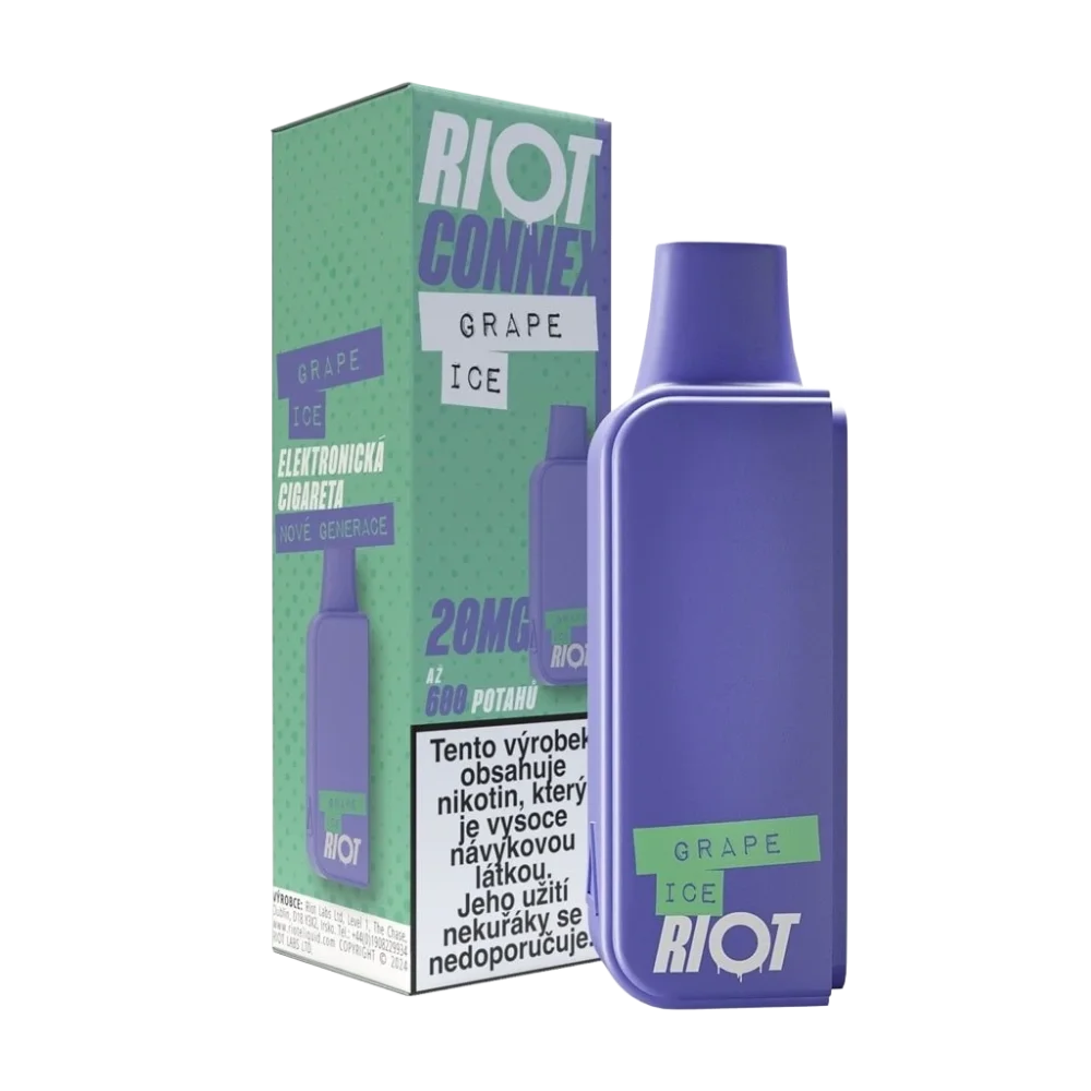 Elektronická cigareta RIOT Connex Grape Ice POD 10mg nikotinu na ml – hroznové víno, Až 600 potahů pro systém RIOT Connex.