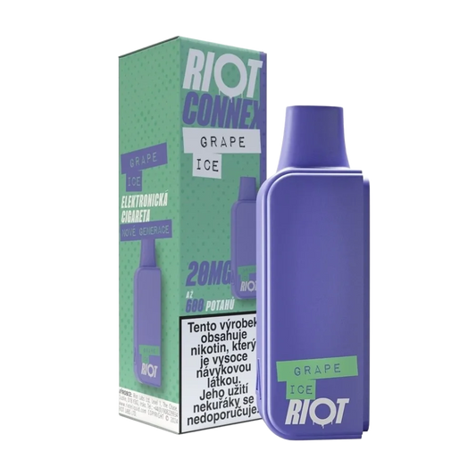 Elektronická cigareta RIOT Connex Grape Ice POD 10mg nikotinu na ml – hroznové víno, Až 600 potahů pro systém RIOT Connex.