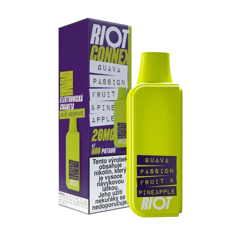 Elektronická cigareta RIOT Connex Guava Passionfruit Pineapple POD 10mg nikotinu na ml – kapsle s až 600 potahy, kombinace guavy, marakuji a ananasu pro systém RIOT Connex.