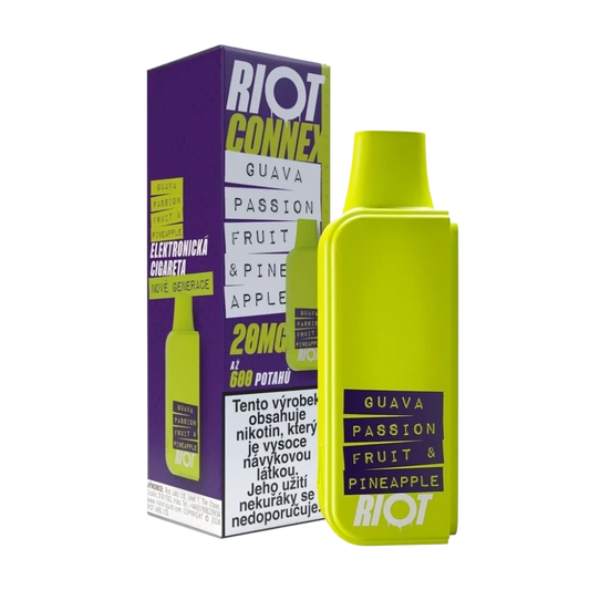 Elektronická cigareta RIOT Connex Guava Passionfruit Pineapple POD 10mg nikotinu na ml – kapsle s až 600 potahy, kombinace guavy, marakuji a ananasu pro systém RIOT Connex.