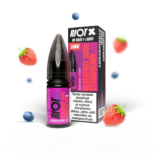 E-liquid RIOT X Salt Blueberry Sour Strawberry s 10 mg nikotinu na ml, kombinace sladkých borůvek a lehce kyselé jahody, sladko-kyselý ovocný mix, šťavnatá a lehce řízná chuť