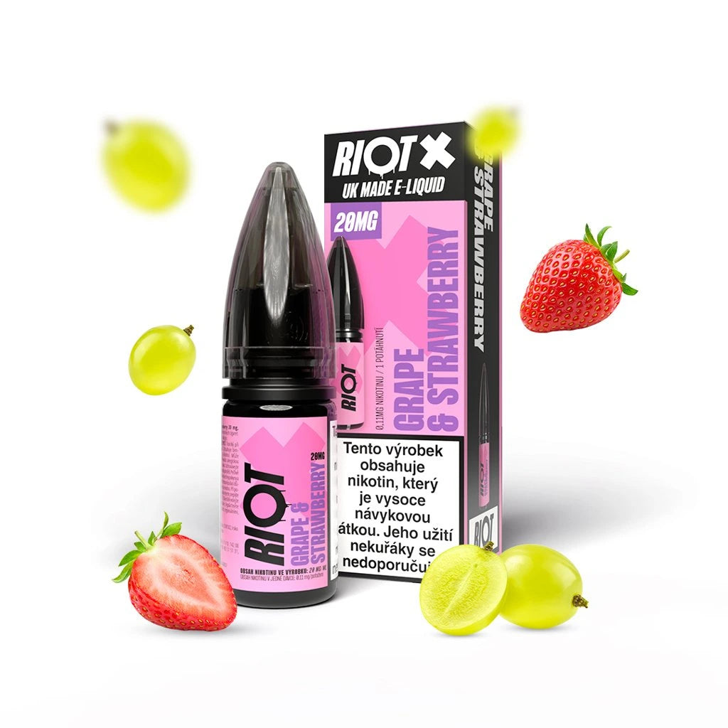 E-liquid RIOT X Salt Grape & Strawberry s 20 mg nikotinu na ml, kombinace šťavnatých hroznů a sladké jahody, vyvážený ovocný mix s lehce nasládlým a hladkým závěrem