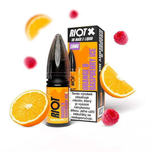 E-liquid RIOT X Salt Orange & Raspberry Ice s 10 mg nikotinu na ml, kombinace šťavnatého pomeranče a sladší maliny s jemným chladivým efektem, svěží sladko-citrusový mix