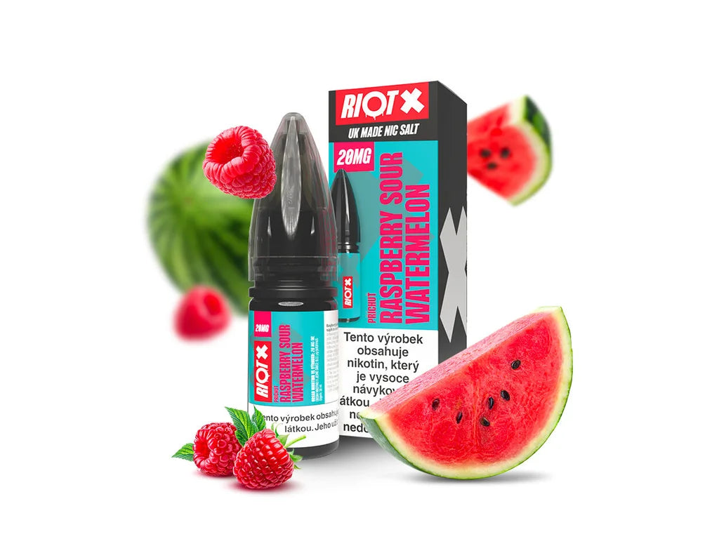 Nic salt e-liquid RIOT X SALT Raspberry Sour Watermelon 20 mg/ml s chutí sladkokyselé maliny a šťavnatého vodního melounu