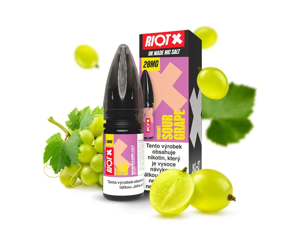 Nic salt e-liquid RIOT X SALT Sour Grape 20 mg/ml 10 ml s chutí šťavnatého hroznového vína a kyselým dozvukem
