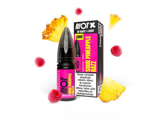 RIOT X Salt Sour Pineapple Razz 10 mg/ml e-liquid s nikotinovou solí a příchutí kyselého ananasu a sladké maliny