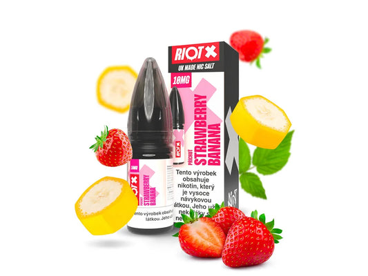 RIOT X SALT Strawberry Banana 10 mg/ml ovocný e-liquid s nikotinovou solí a příchutí sladké jahody a banánu
