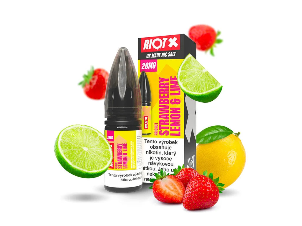 Nic salt e-liquid RIOT X SALT Strawberry Lemon & Lime 20 mg/ml 10 ml se sladkou jahodou a svěží citrusovou příchutí citronu a limetky