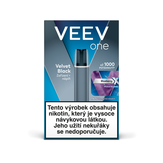 VEEV ONE Velvet Black startovací sada s předplněnou náplní Blueberry X pro elektronickou cigaretu, baterie 420 mAh, až 1000 potáhnutí