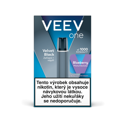VEEV ONE Velvet Black startovací sada s předplněnou náplní Blueberry pro elektronickou cigaretu, baterie 420 mAh, až 1000 potáhnutí