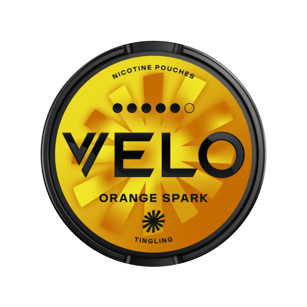 Černá dóza VELO s žluto-oranžovým designem a nápisem Orange Spark.