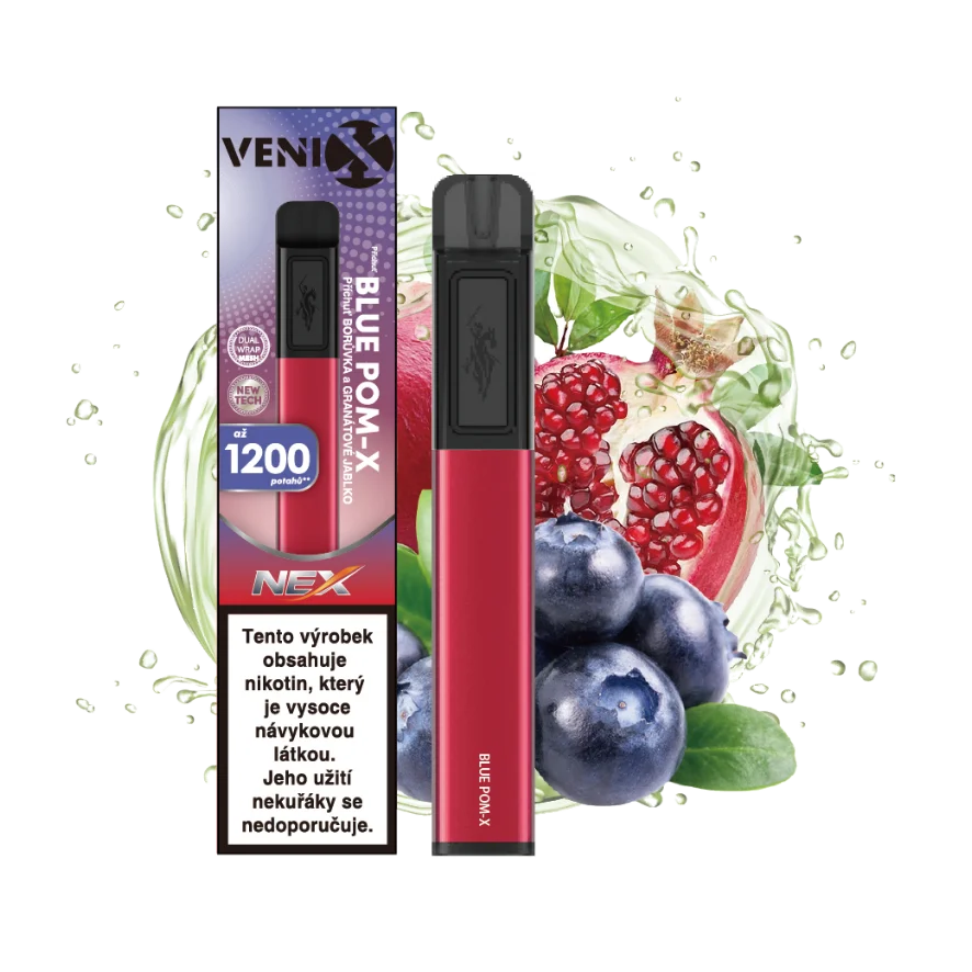 VENIX NEX Blue Pom-X jednorázová elektronická cigareta s příchutí borůvka a granátové jablko, 18 mg/ml