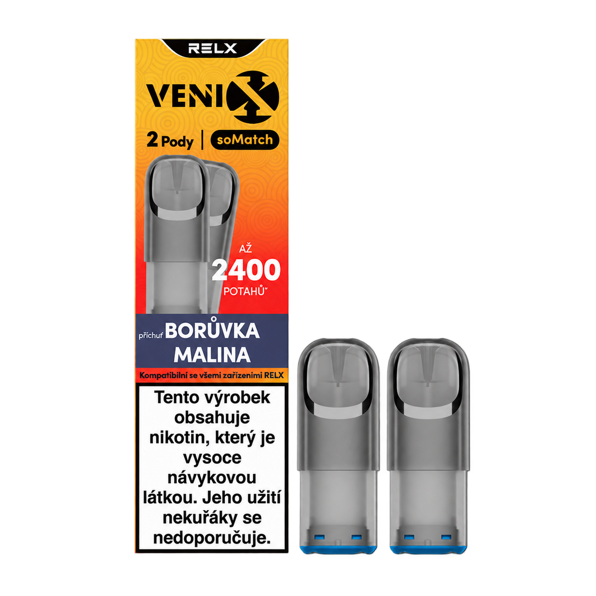 Dva náhradní PODy VENIX RELX soMatch Borůvka Malina 18 mg/ml s celkovým objemem 4 ml, ovocnou příchutí a výdrží až 2400 potahů