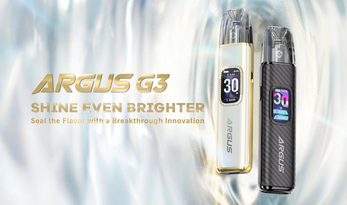 VOOPOO ARGUS G3 – prezentační obrázek dvou provedení elektronické cigarety s TFT displejem a cartridge ARGUS Top Fill V2.